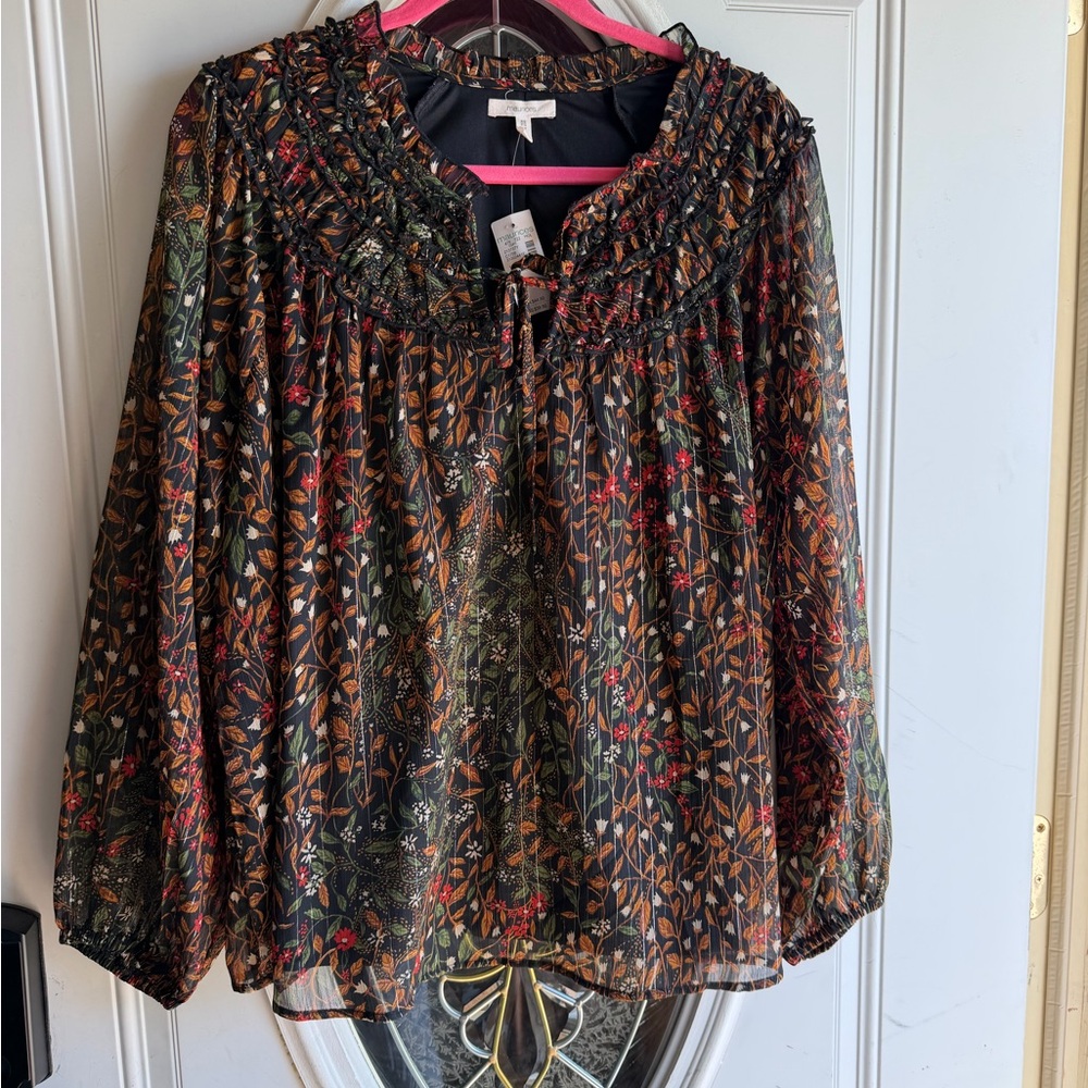 Maurices Black Floral Smocked-Neck Peasant Blouse